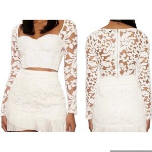 Naked Wardrobe Sequin White Corset Bustier Long Sleeve Crop Top NWOT